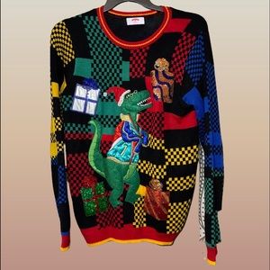 T-Rex Dinosaur 80’s Retro Style UGLY Christmas Sweater sz med (38-40)